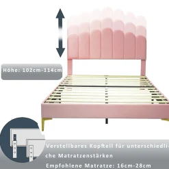 Lit Double 140x200 cm - Lit avec Tête de Lit et Sommier À Lattes, Sans Matelas, en Velours Rose><noscript><img width=