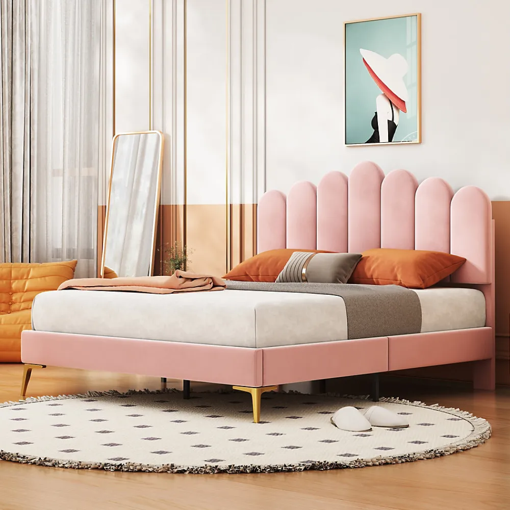 Lit Double 140x200 cm - Lit avec Tête de Lit et Sommier À Lattes, Sans Matelas, en Velours Rose>Okwish Hot