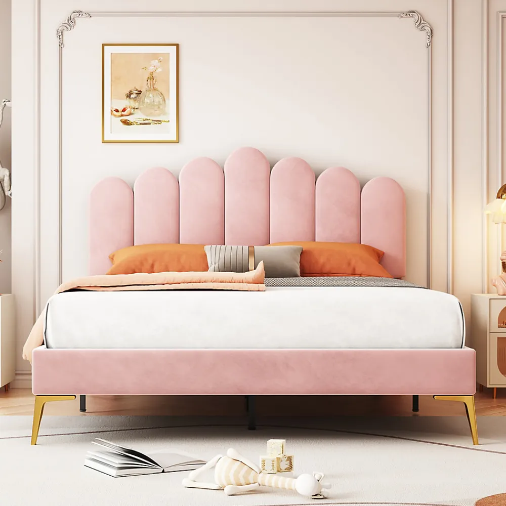 Lit Double 140x200 cm - Lit avec Tête de Lit et Sommier À Lattes, Sans Matelas, en Velours Rose>Okwish Hot