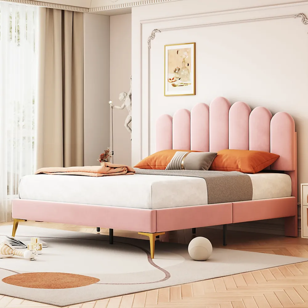 Lit Double 140x200 cm - Lit avec Tête de Lit et Sommier À Lattes, Sans Matelas, en Velours Rose>Okwish Hot