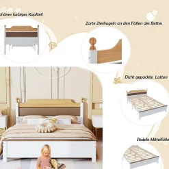 Lit double 140x200 cm - Lit avec tête et pied de lit - Pin + MDF - Sans matelas - Blanc><noscript><img width=