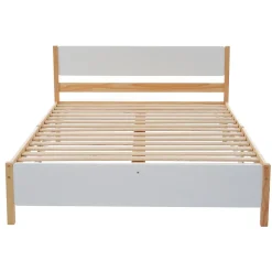 Okwish Lit double 140x200 cm - Lit avec tête et pied de lit - Pin + MDF - Sans matelas - Blanc + Naturel* Lit Double