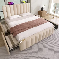 Lit double 140x200 cm - Lit avec tiroirs et fonction USB Type-C - Lin - Matelas Inclus - Beige>Okwish Sale