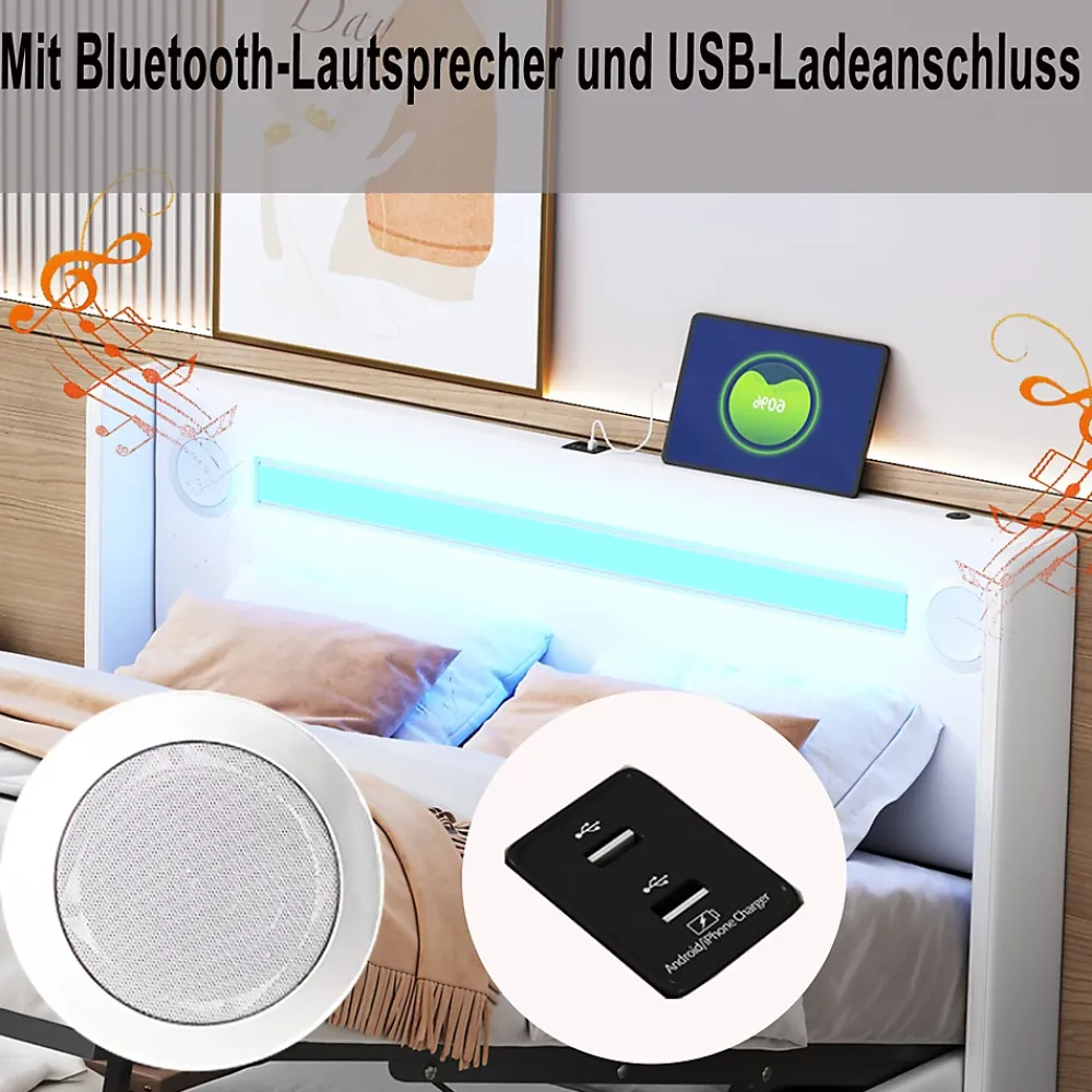 Okwish Lit Double 160x200 cm - Lit avec Éclairage LED, Bluetooth et USB Intégré, Coffre PU, Sans Matelas, Blanc* Lit Coffre