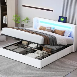 Okwish Lit Double 160x200 cm - Lit avec Éclairage LED, Bluetooth et USB Intégré, Coffre PU, Sans Matelas, Blanc* Lit Coffre