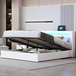 Okwish Lit Double 160x200 cm - Lit avec Éclairage LED, Bluetooth et USB Intégré, Coffre PU, Sans Matelas, Blanc* Lit Coffre