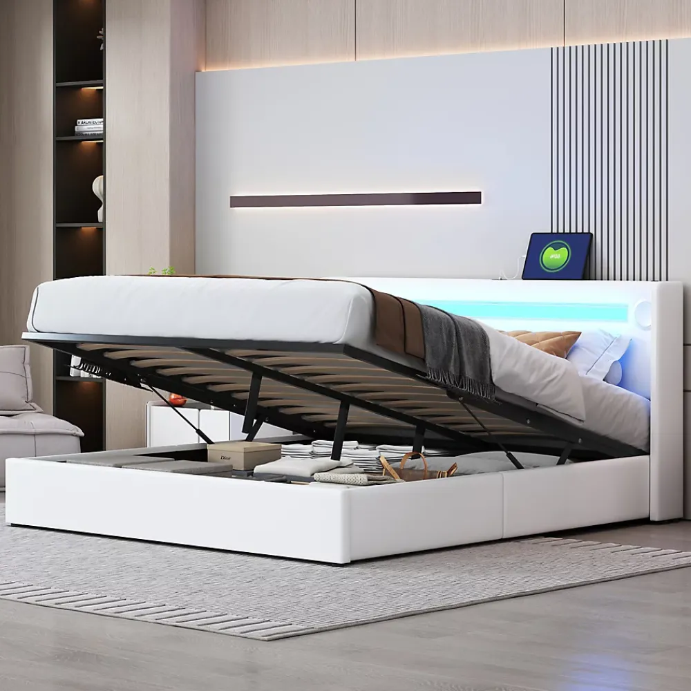 Okwish Lit Double 160x200 cm - Lit avec Éclairage LED, Bluetooth et USB Intégré, Coffre PU, Sans Matelas, Blanc* Lit Coffre