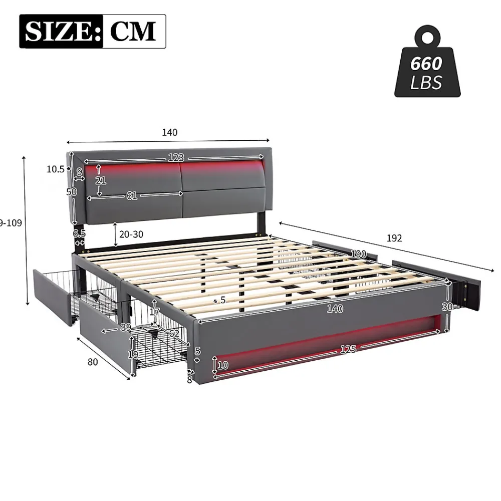 Lit Double 140x190 cm - Lit Capitonné PU avec Rangement et Éclairage LED Intégré - Gris - Sans Matelas>Okwish Online