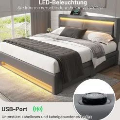 Lit Double 140x190 cm - Lit Capitonné PU avec Rangement et Éclairage LED Intégré - Gris - Sans Matelas><noscript><img width=