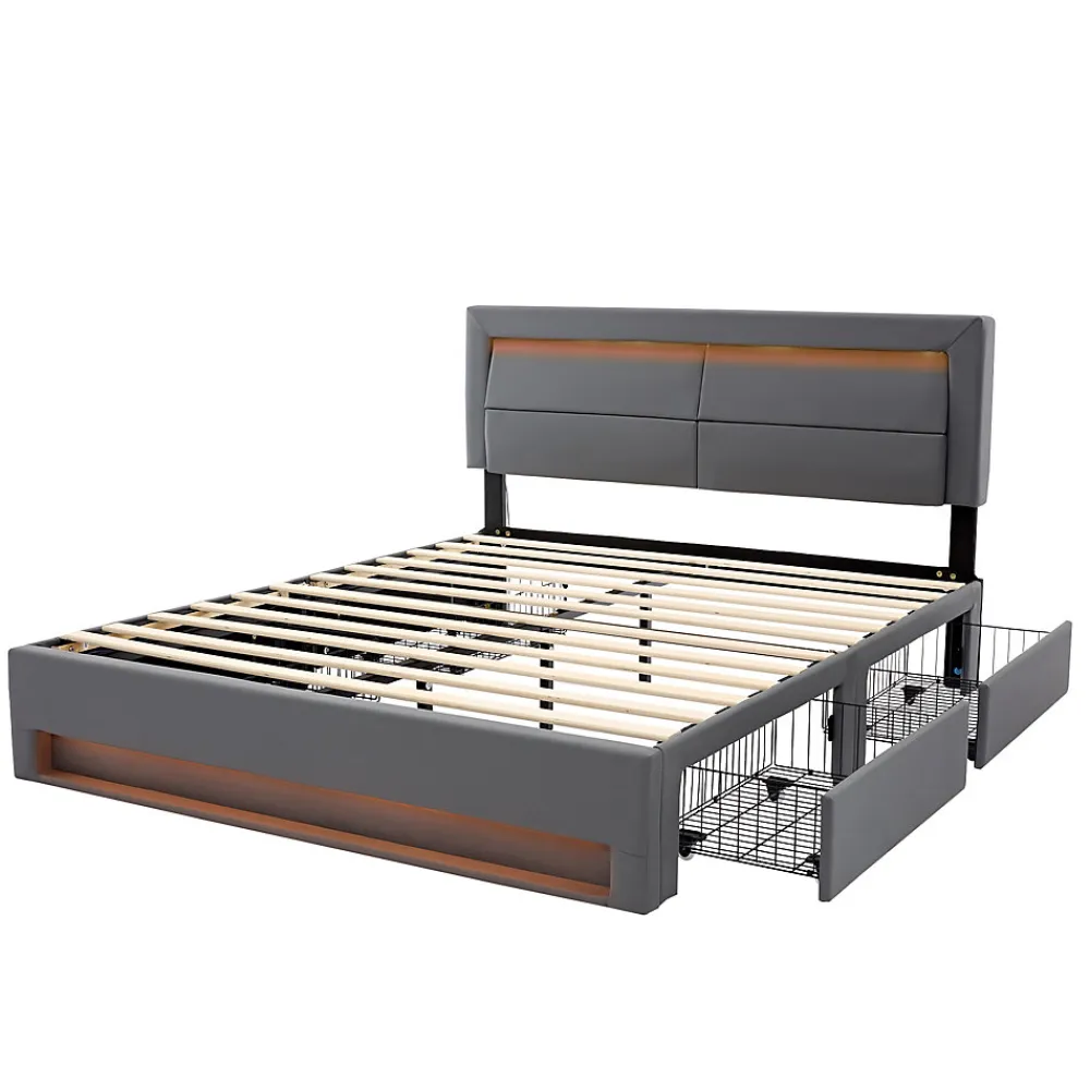 Lit Double 140x190 cm - Lit Capitonné PU avec Rangement et Éclairage LED Intégré - Gris - Sans Matelas>Okwish Online