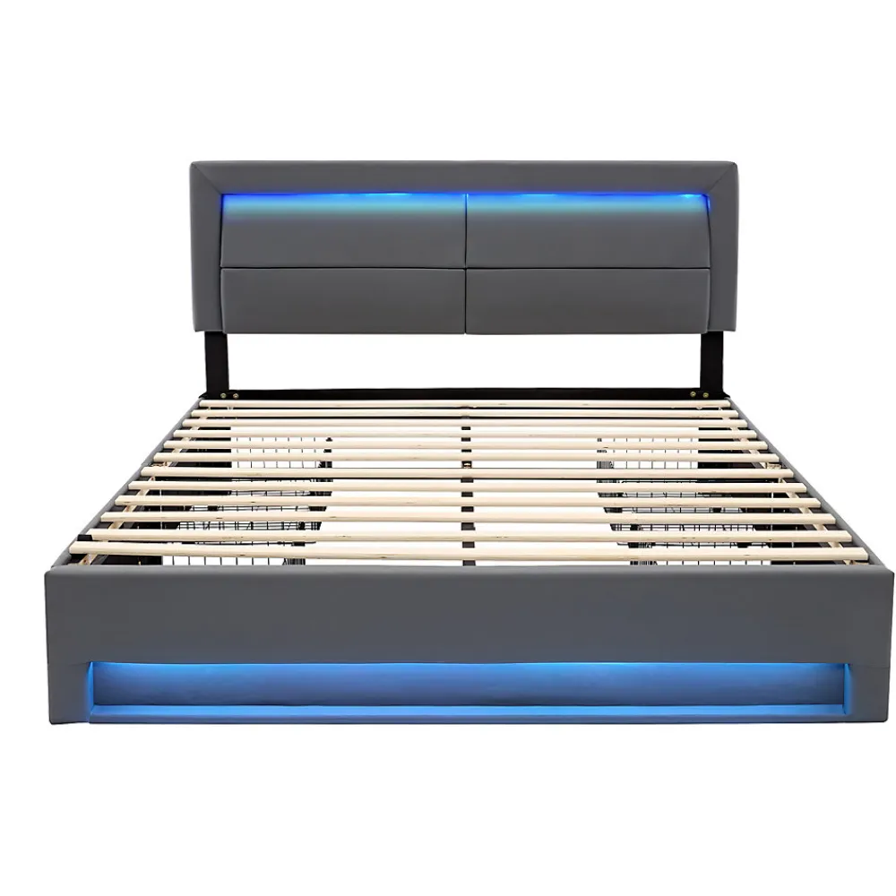 Lit Double 140x190 cm - Lit Capitonné PU avec Rangement et Éclairage LED Intégré - Gris - Sans Matelas>Okwish Online