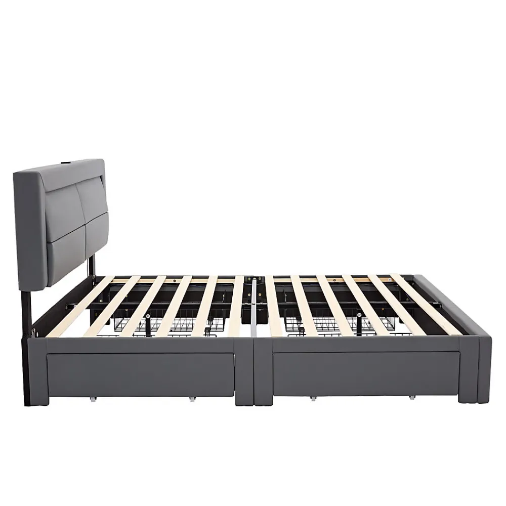 Lit Double 140x190 cm - Lit Capitonné PU avec Rangement et Éclairage LED Intégré - Gris - Sans Matelas>Okwish Online