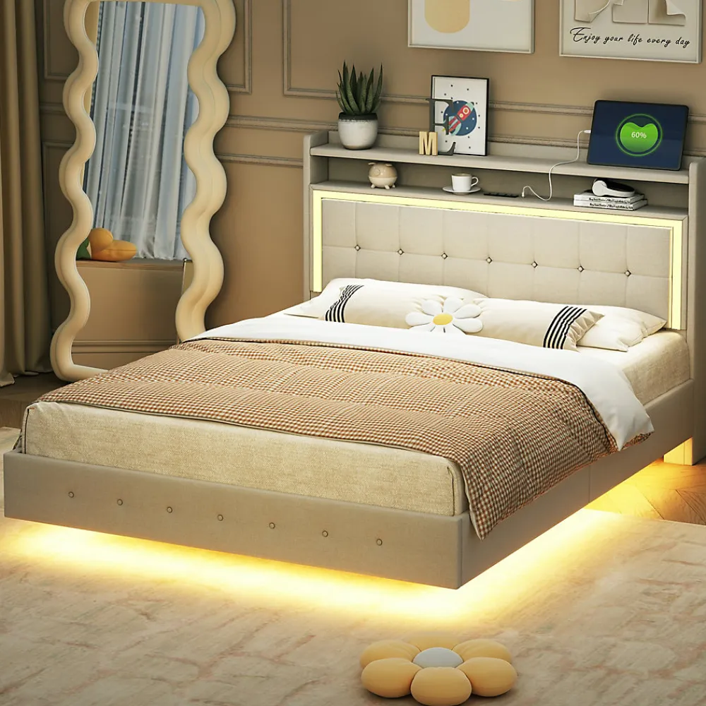 Lit Double 140x200 cm - Lit capitonné Adulte avec LED Intégrée et Port USB, Pieds Cachés Lin Beige>Okwish Hot