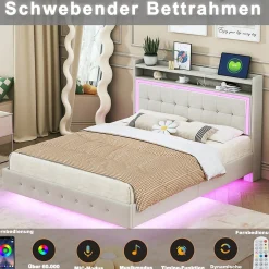 Lit Double 140x200 cm - Lit capitonné Adulte avec LED Intégrée et Port USB, Pieds Cachés Lin Beige><noscript><img width=