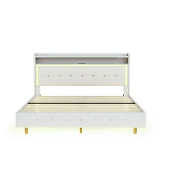 Lit Double 140x200 cm - Lit capitonné Adulte avec LED Intégrée et Port USB, Pieds Cachés Lin Beige><noscript><img width=