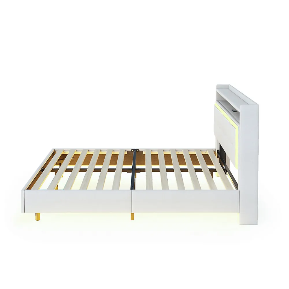 Lit Double 140x200 cm - Lit capitonné Adulte avec LED Intégrée et Port USB, Pieds Cachés Lin Beige>Okwish Hot