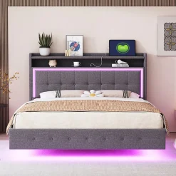 Lit Double 140x200 cm - Lit capitonné Adulte avec LED Intégrée et Port USB, Pieds Cachés Lin Gris>Okwish Discount