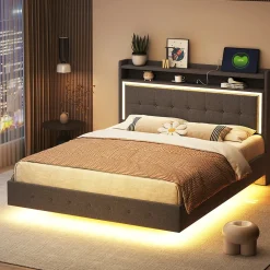 Lit Double 140x200 cm - Lit capitonné Adulte avec LED Intégrée et Port USB, Pieds Cachés Lin Gris><noscript><img width=