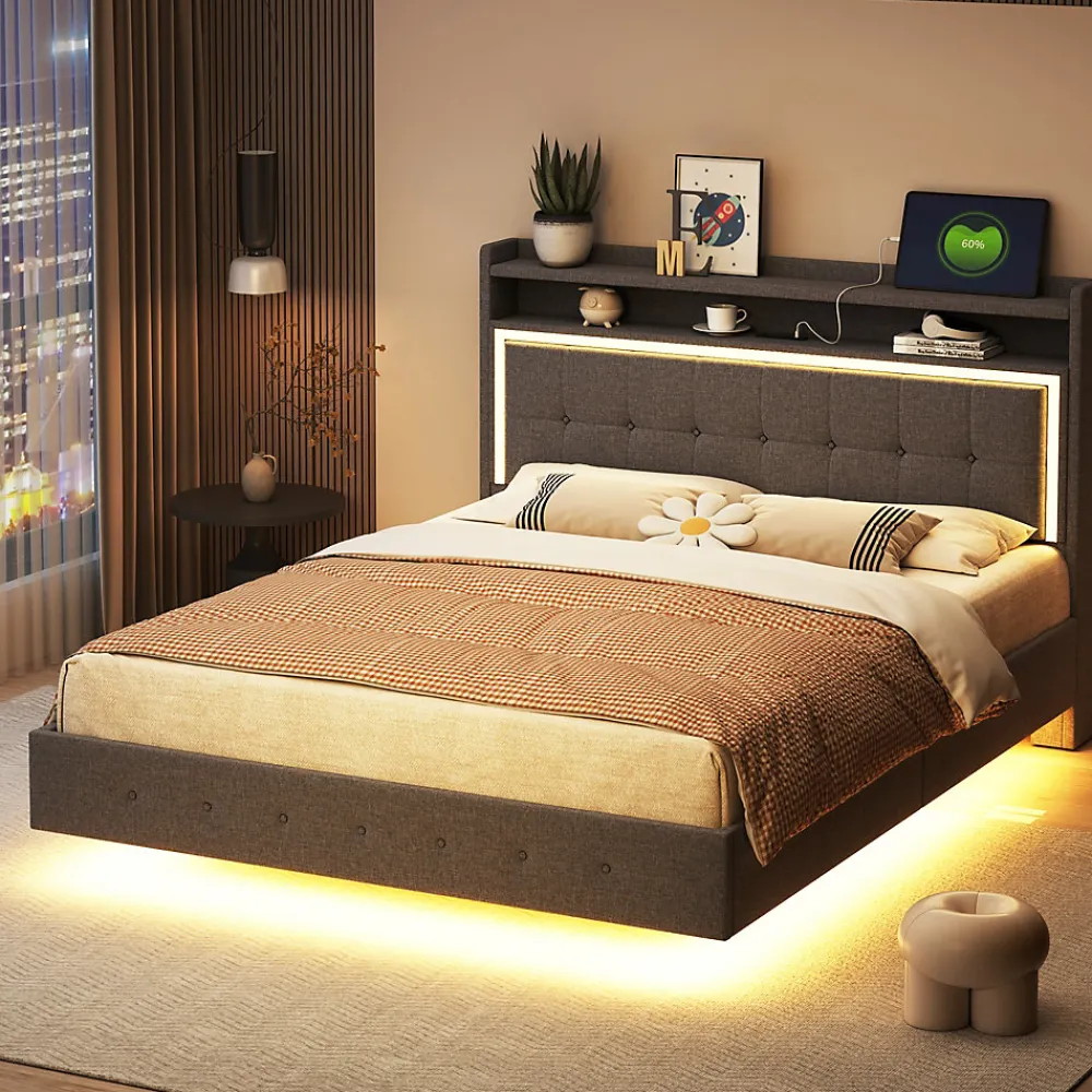 Lit Double 140x200 cm - Lit capitonné Adulte avec LED Intégrée et Port USB, Pieds Cachés Lin Gris>Okwish Discount