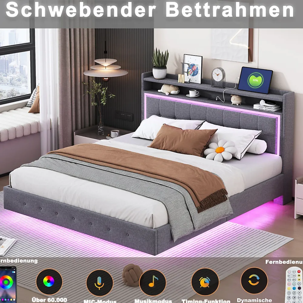 Lit Double 140x200 cm - Lit capitonné Adulte avec LED Intégrée et Port USB, Pieds Cachés Lin Gris>Okwish Discount