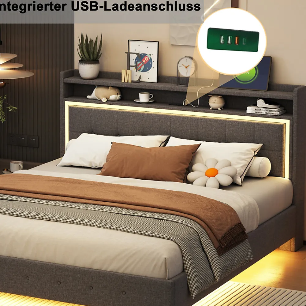 Lit Double 140x200 cm - Lit capitonné Adulte avec LED Intégrée et Port USB, Pieds Cachés Lin Gris>Okwish Discount