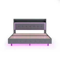 Lit Double 140x200 cm - Lit capitonné Adulte avec LED Intégrée et Port USB, Pieds Cachés Lin Gris><noscript><img width=