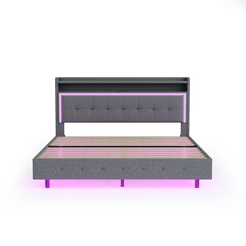 Lit Double 140x200 cm - Lit capitonné Adulte avec LED Intégrée et Port USB, Pieds Cachés Lin Gris>Okwish Discount