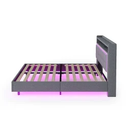 Lit Double 140x200 cm - Lit capitonné Adulte avec LED Intégrée et Port USB, Pieds Cachés Lin Gris><noscript><img width=