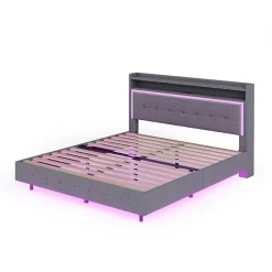 Lit Double 140x200 cm - Lit capitonné Adulte avec LED Intégrée et Port USB, Pieds Cachés Lin Gris><noscript><img width=