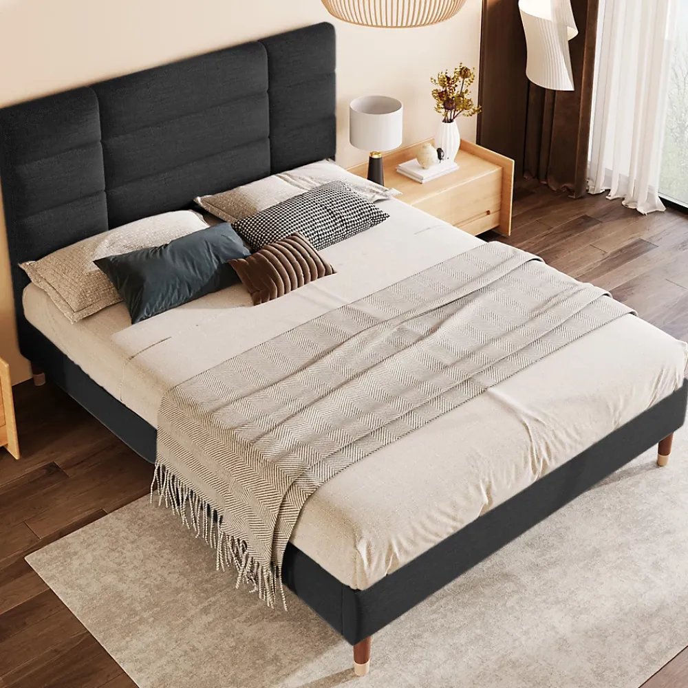 Okwish Lit double 140x200 cm - Lit capitonné avec sommier à lattes - Lin - Sans Matelas - Noir* Lit Double