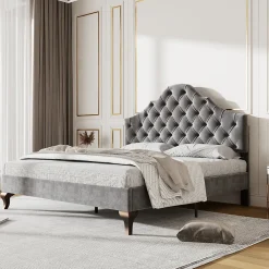 Lit Double 140x200 cm - Lit Capitonné en Velours avec Tête de Lit Réglable, Sommier à Lattes en Bois, Sans Matelas - Gris>Okwish Sale