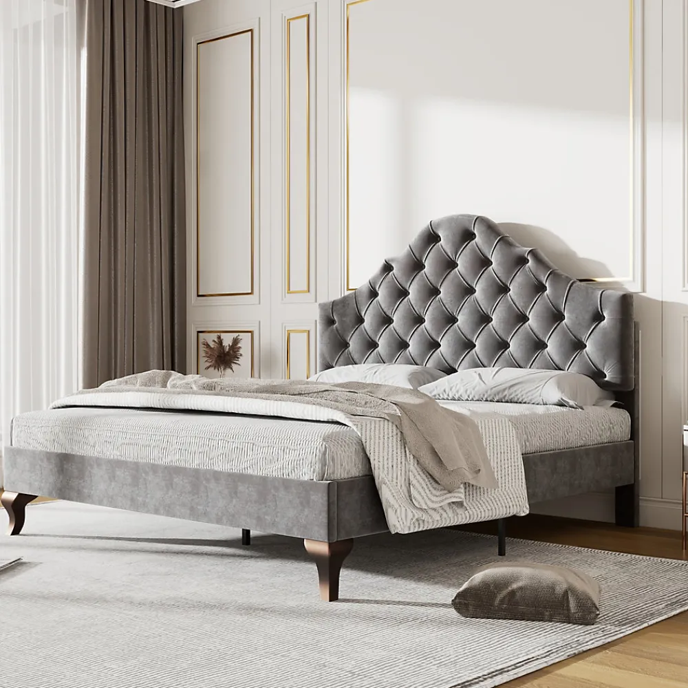 Lit Double 140x200 cm - Lit Capitonné en Velours avec Tête de Lit Réglable, Sommier à Lattes en Bois, Sans Matelas - Gris>Okwish Sale