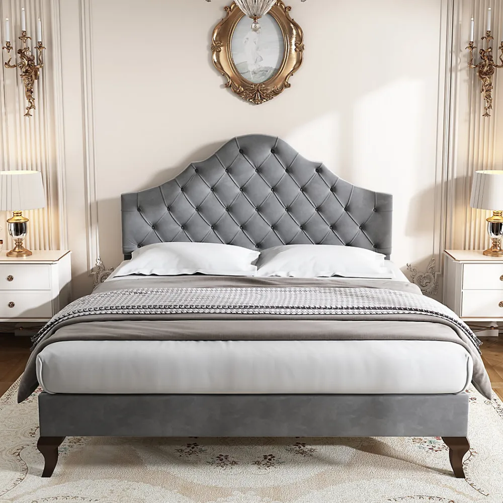 Lit Double 140x200 cm - Lit Capitonné en Velours avec Tête de Lit Réglable, Sommier à Lattes en Bois, Sans Matelas - Gris>Okwish Sale