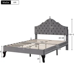 Lit Double 140x200 cm - Lit Capitonné en Velours avec Tête de Lit Réglable, Sommier à Lattes en Bois, Sans Matelas - Gris><noscript><img width=