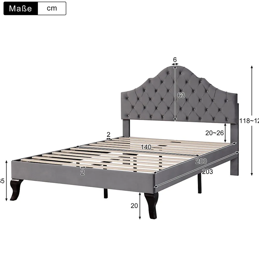 Lit Double 140x200 cm - Lit Capitonné en Velours avec Tête de Lit Réglable, Sommier à Lattes en Bois, Sans Matelas - Gris>Okwish Sale
