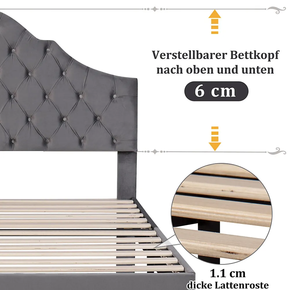 Lit Double 140x200 cm - Lit Capitonné en Velours avec Tête de Lit Réglable, Sommier à Lattes en Bois, Sans Matelas - Gris>Okwish Sale
