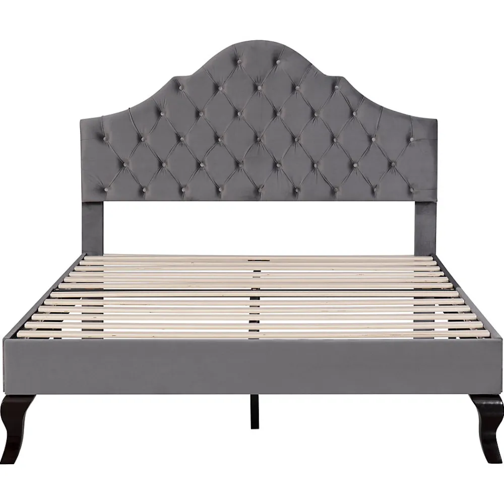 Lit Double 140x200 cm - Lit Capitonné en Velours avec Tête de Lit Réglable, Sommier à Lattes en Bois, Sans Matelas - Gris>Okwish Sale