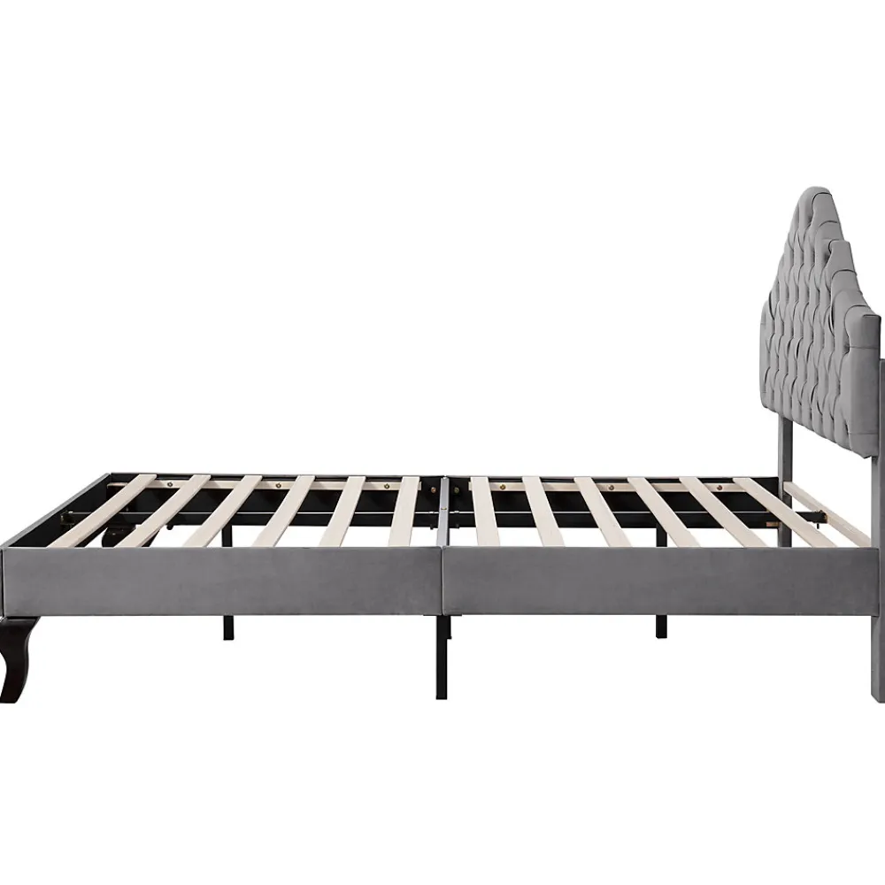 Lit Double 140x200 cm - Lit Capitonné en Velours avec Tête de Lit Réglable, Sommier à Lattes en Bois, Sans Matelas - Gris>Okwish Sale