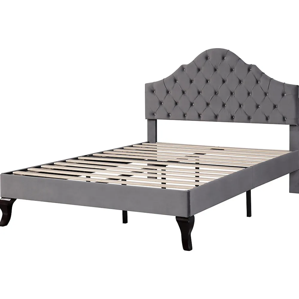 Lit Double 140x200 cm - Lit Capitonné en Velours avec Tête de Lit Réglable, Sommier à Lattes en Bois, Sans Matelas - Gris>Okwish Sale