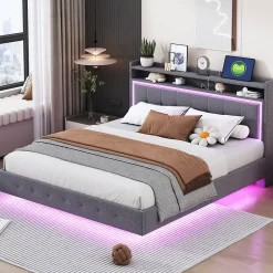 Okwish Lit Double 160x200 cm - Lit capitonné Adulte avec LED Intégrée et Port USB, Pieds Cachés Lin Gris* Lit Double