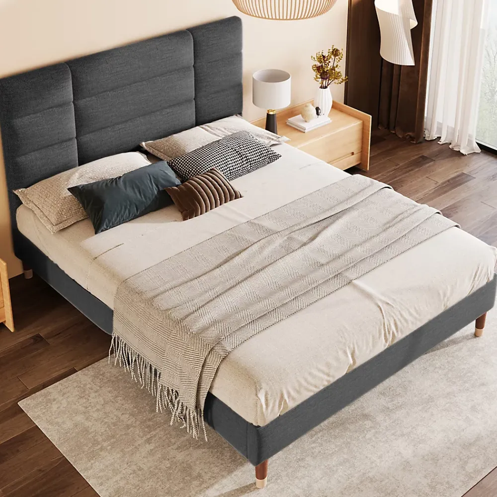 Okwish Lit double 140x200 cm - Lit capitonné avec tête de lit - Lin - Sans Matelas - Gris* Lit Double