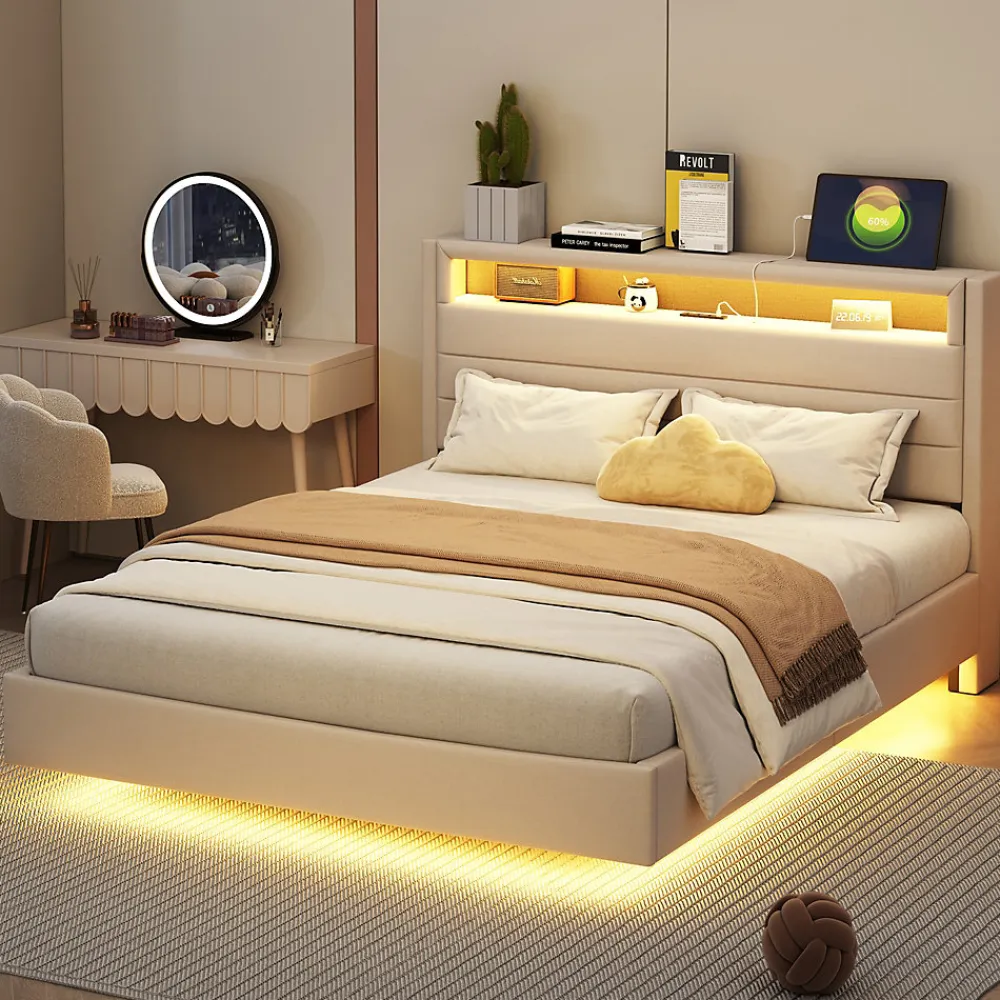 Lit Double 140x200 cm - Lit capitonné Adulte pour Ado avec LED Intégrée et Port USB, Tête de Lit Réversible Lin Gris>Okwish Clearance