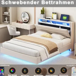 Lit Double 140x200 cm - Lit capitonné Adulte pour Ado avec LED Intégrée et Port USB, Tête de Lit Réversible Lin Gris><noscript><img width=