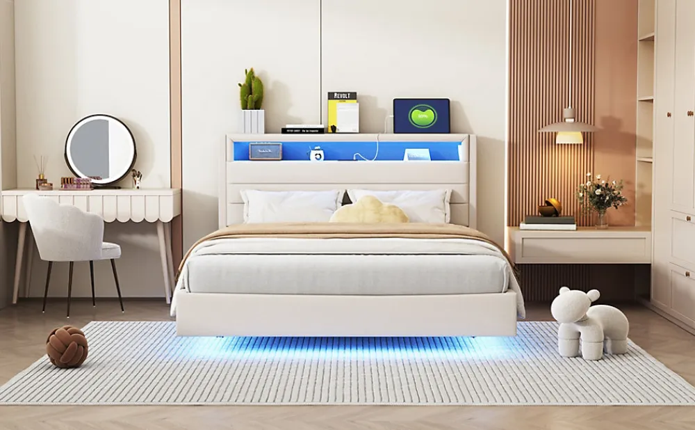 Lit Double 140x200 cm - Lit capitonné Adulte pour Ado avec LED Intégrée et Port USB, Tête de Lit Réversible Lin Gris>Okwish Clearance