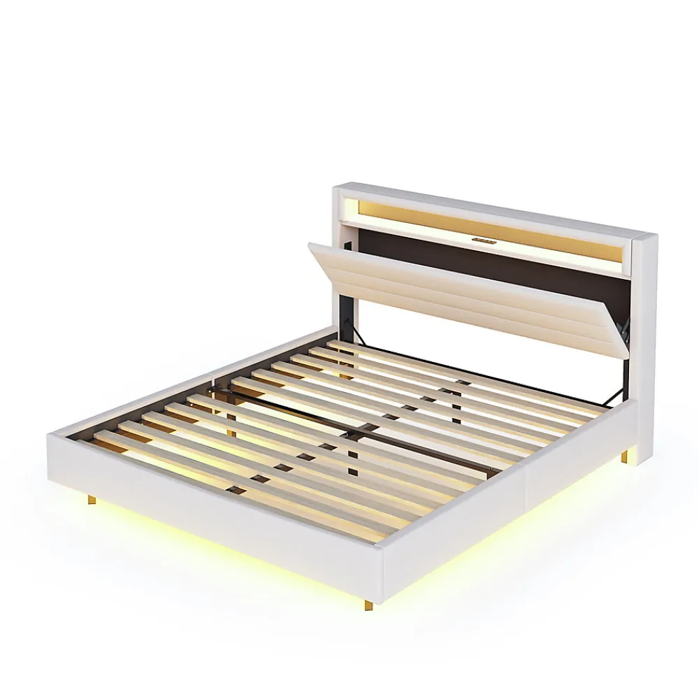 Lit Double 140x200 cm - Lit capitonné Adulte pour Ado avec LED Intégrée et Port USB, Tête de Lit Réversible Lin Gris>Okwish Clearance