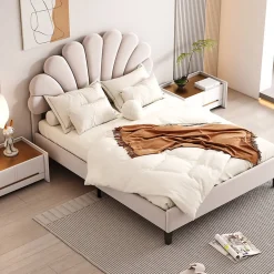 Lit Double 140x200 cm - Lit Capitonné enfant/Adulte avec Tête de Lit et Sommier à Lattes, Velours, Beige, Sans Matelas>Okwish Best