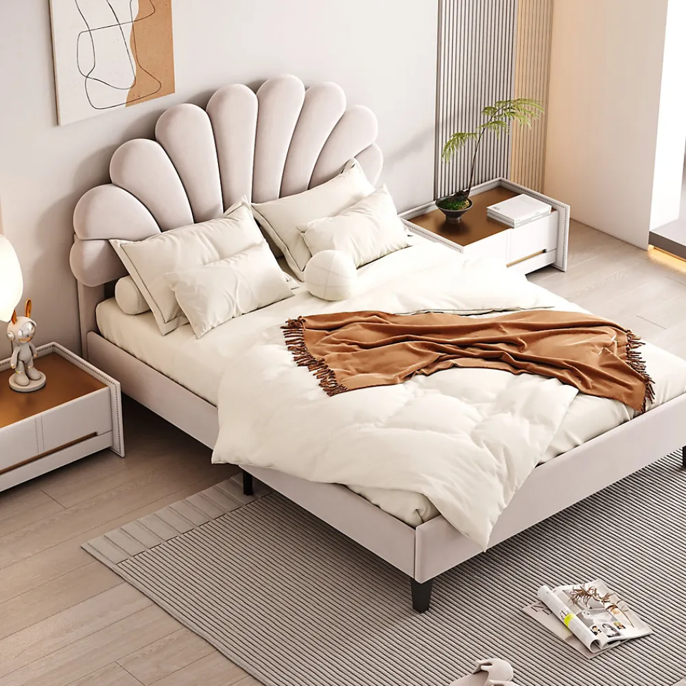 Lit Double 140x200 cm - Lit Capitonné enfant/Adulte avec Tête de Lit et Sommier à Lattes, Velours, Beige, Sans Matelas>Okwish Best