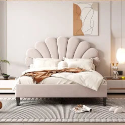 Lit Double 140x200 cm - Lit Capitonné enfant/Adulte avec Tête de Lit et Sommier à Lattes, Velours, Beige, Sans Matelas><noscript><img width=