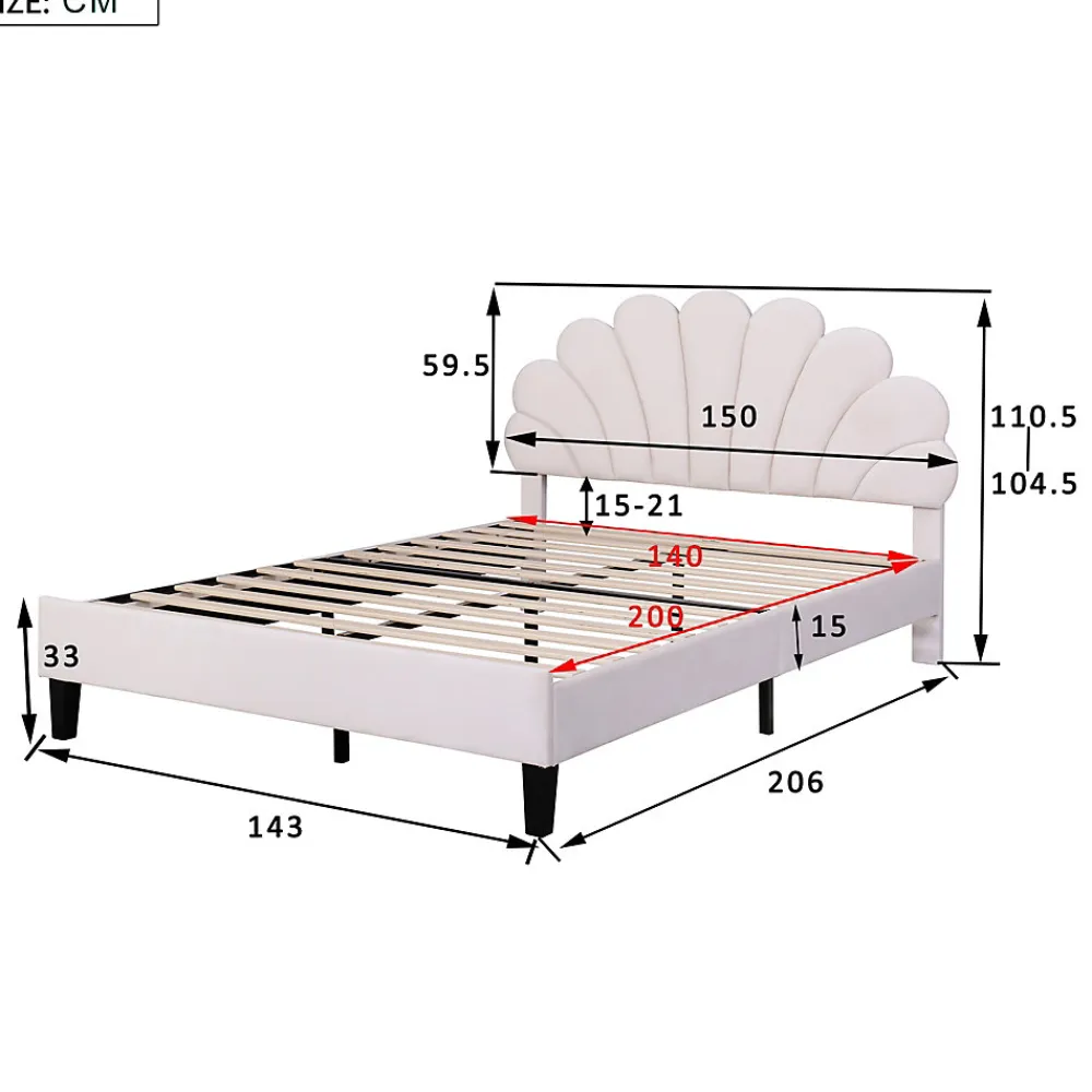 Lit Double 140x200 cm - Lit Capitonné enfant/Adulte avec Tête de Lit et Sommier à Lattes, Velours, Beige, Sans Matelas>Okwish Best
