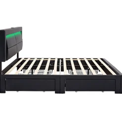 Okwish Lit Double 140x190 cm - Lit Capitonné PU avec Rangement et Ports USB - Éclairage LED Intégré - Noir - Sans Matelas* Lit Double
